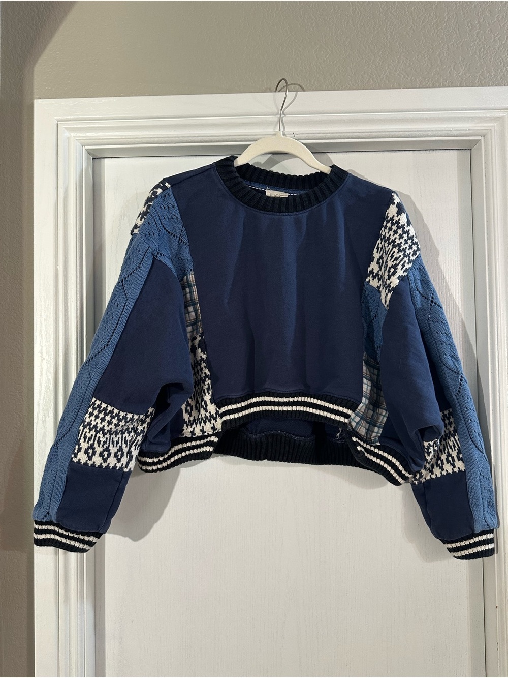 Pilcro Navy Patchwork Cropped Crewneck Sweatshirt